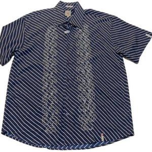 No Excess Mens Button Down Shirt Size XL Navy Blue White Embroidered Striped